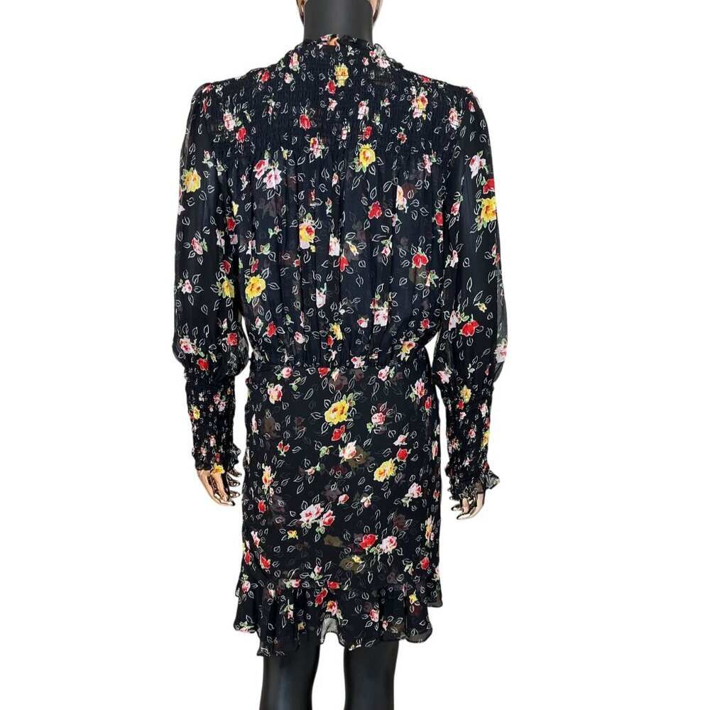 Veronica Beard  Armeria Black Floral Silk Wrap Dress Size 8 Ruched Ruffle Mini - Picture 3 of 8
